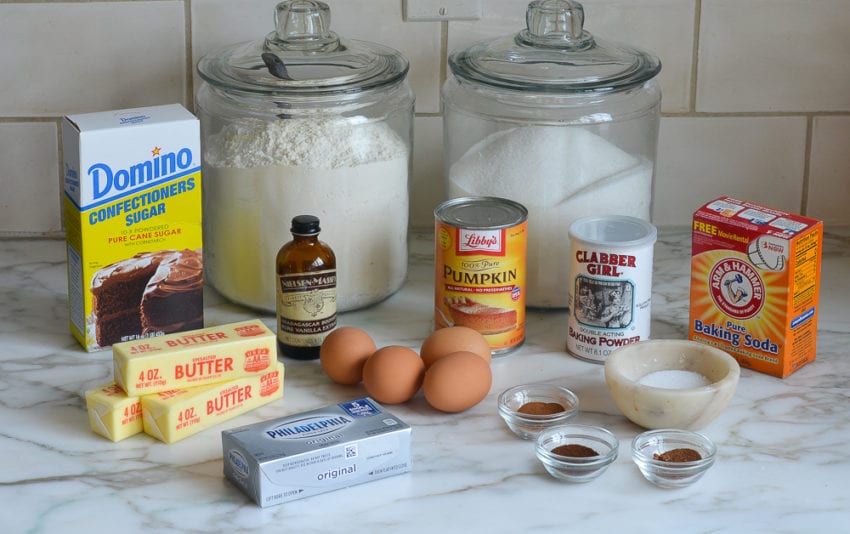 Cake ingredients including eggs, baking powder, and butter.