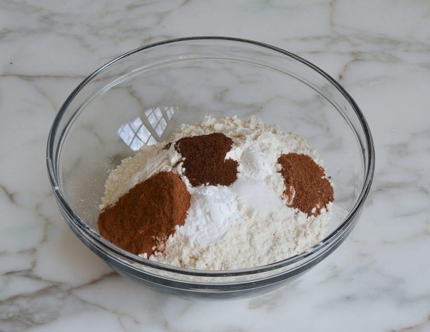 Bowl of unmixed dry ingredients.