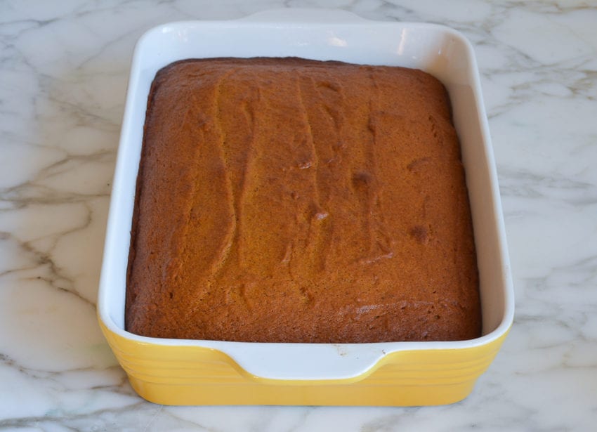 Pumpkin cake in a baking dish.