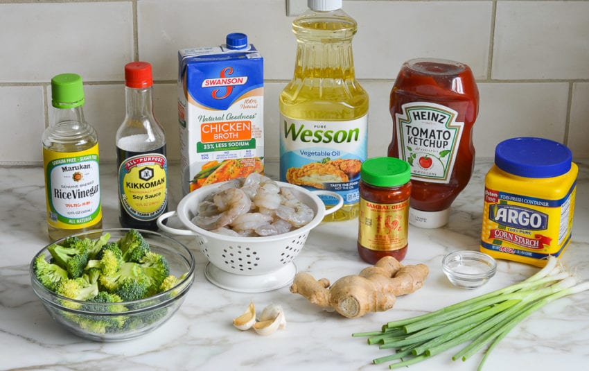 Shrimp ingredients including ketchup, ginger, and soy sauce.