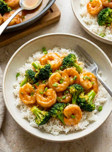 sweet and sour shrimp and broccoli over rice