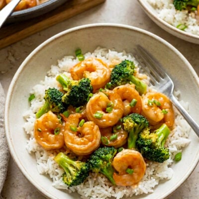 sweet and sour shrimp and broccoli over rice
