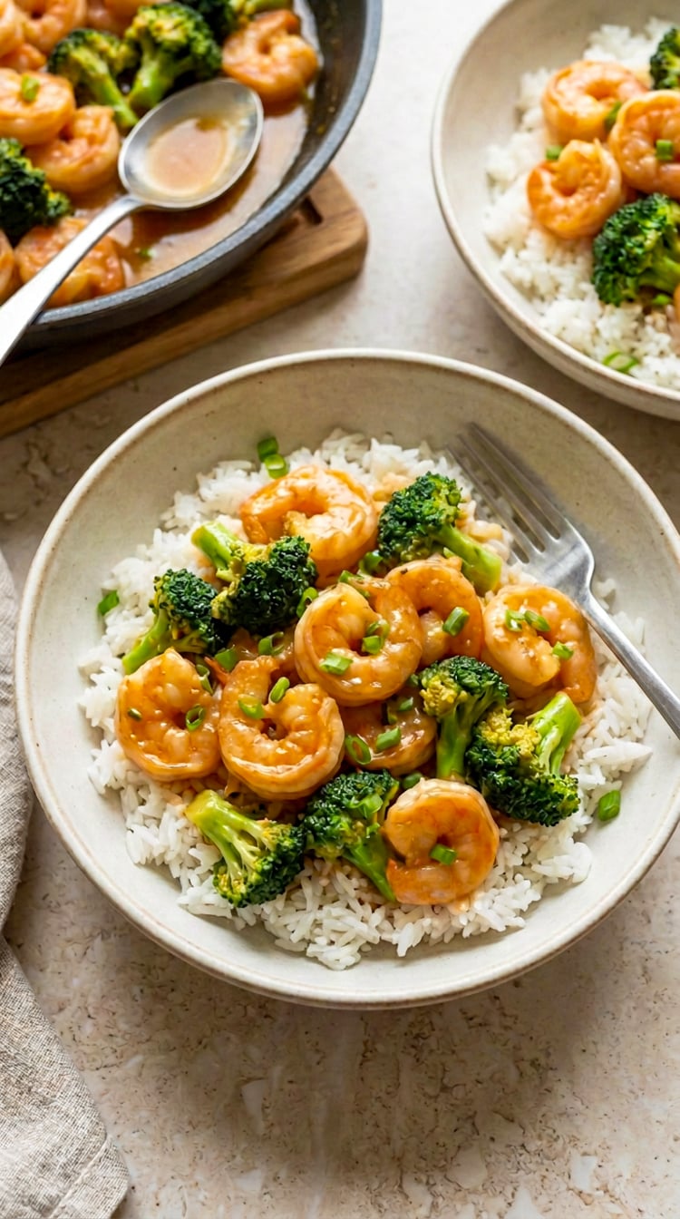 sweet and sour shrimp and broccoli over rice
