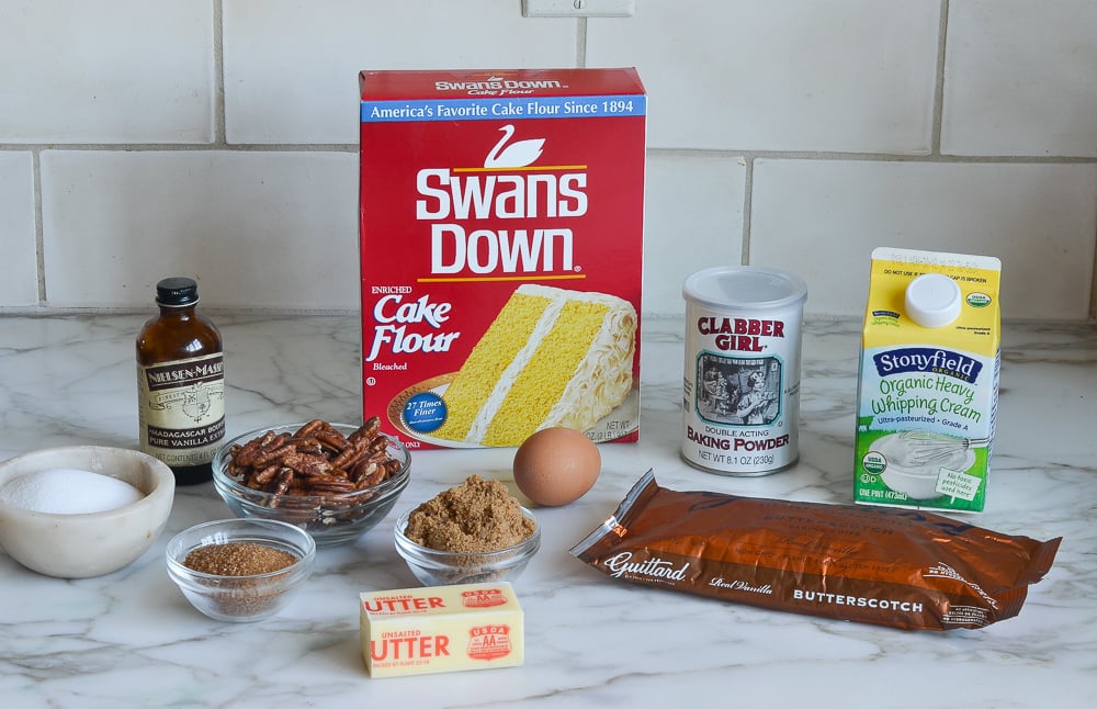 Scones= ingredients including cake flour, egg, and heavy cream.