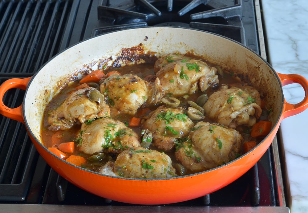 Skillet of Moroccan chicken tagine.