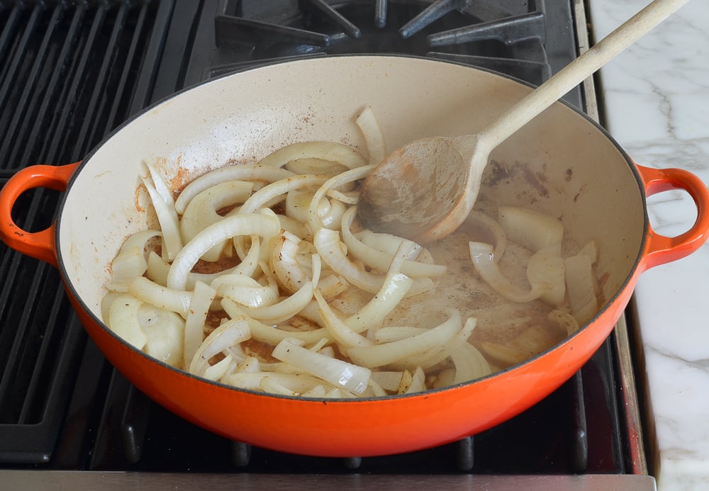 Onions in a skillet.
