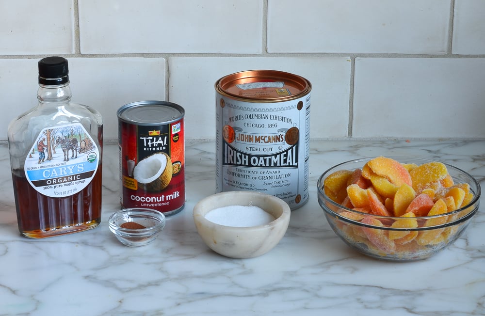 Oatmeal ingredients including steel cut oats, coconut milk, and maple syrup.
