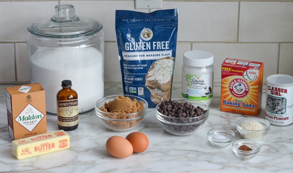 Cookie ingredients including gluten-free flour, vanilla, and eggs.