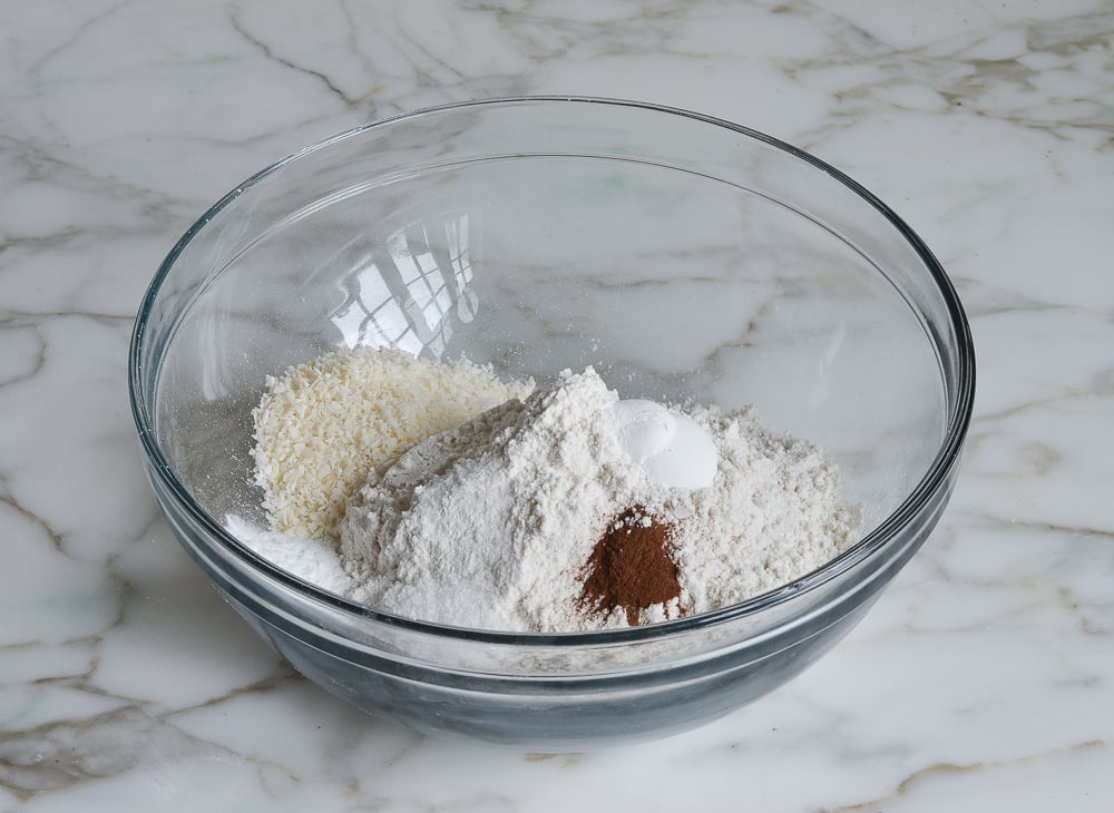 Bowl of unmixed dry ingredients.