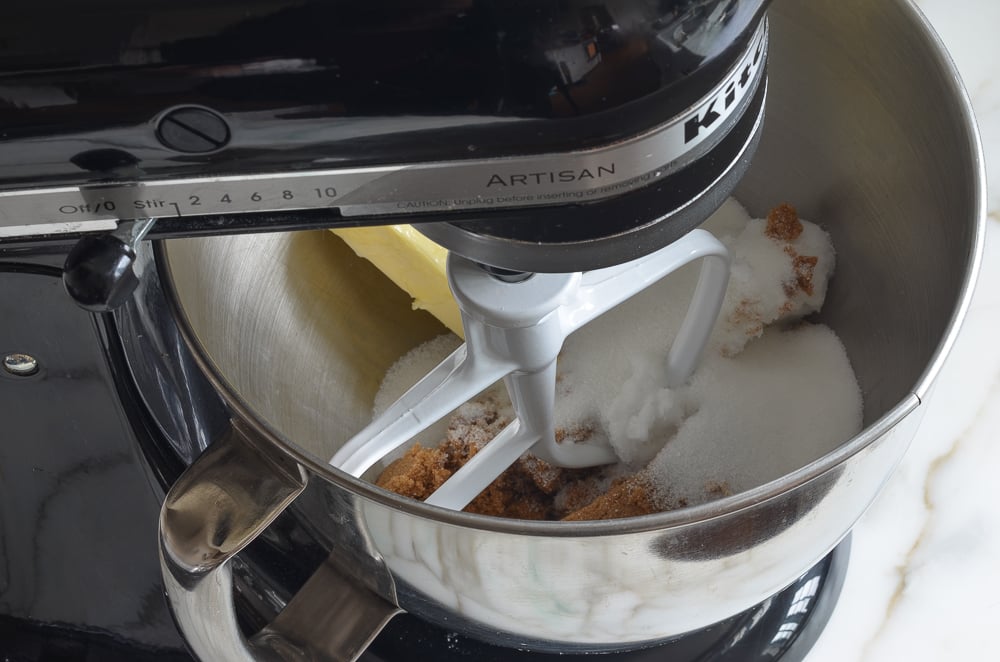 Butter and sugars in a stand mixer.