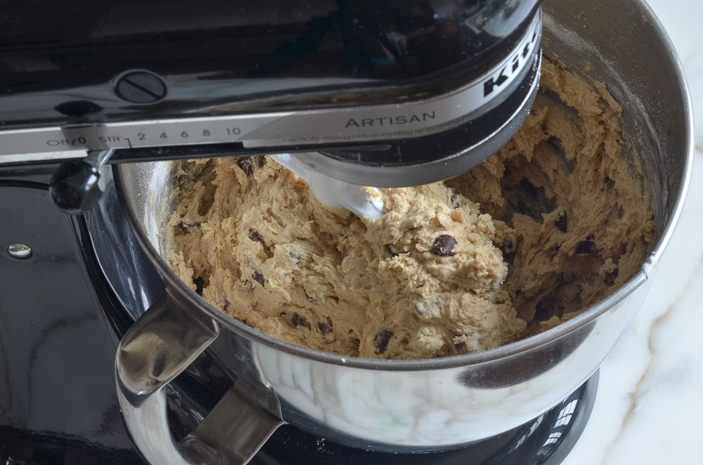 Stand mixer of Gluten Free Chocolate Chip Cookie dough.