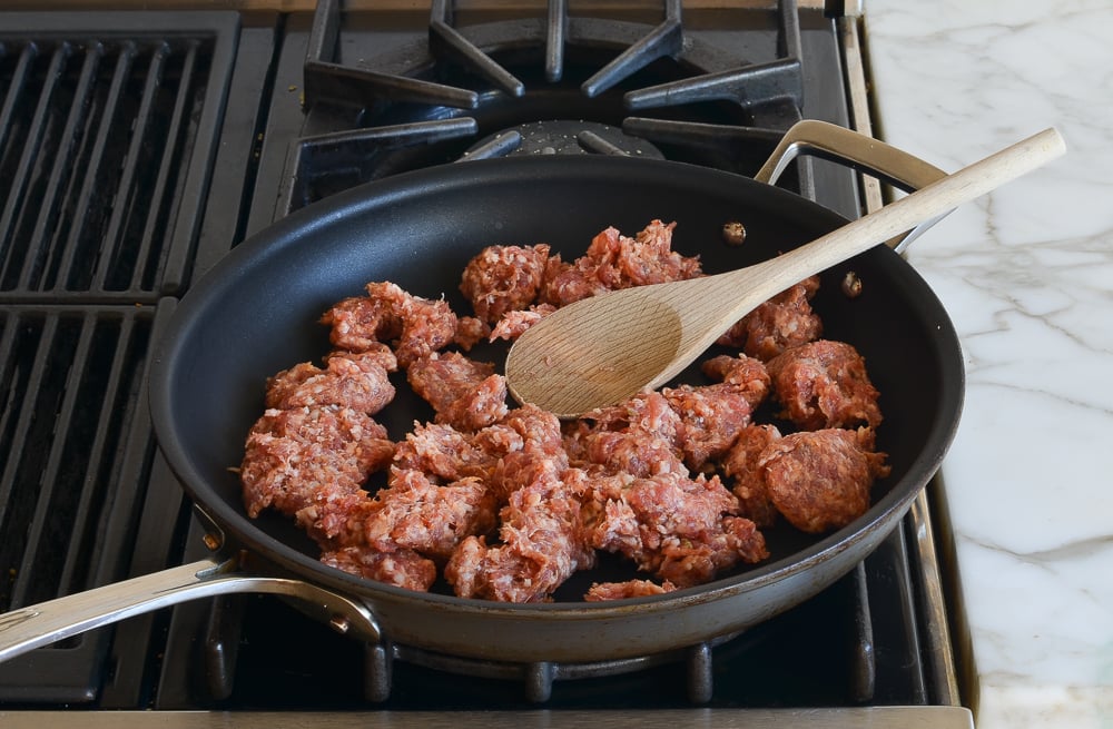 cooking the sausage for cornbread stuffing