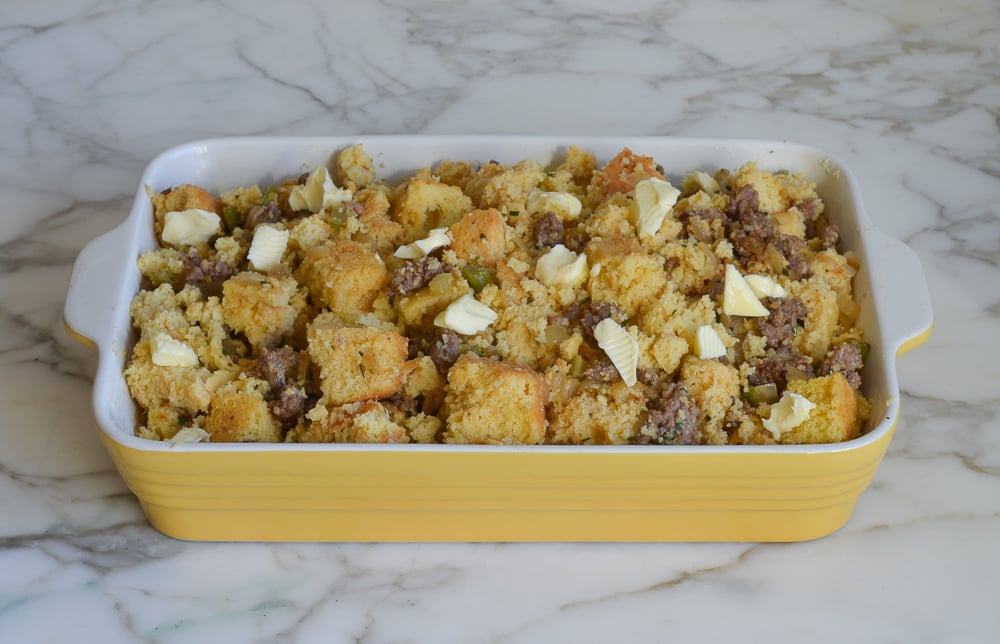 cornbread stuffing ready to bake