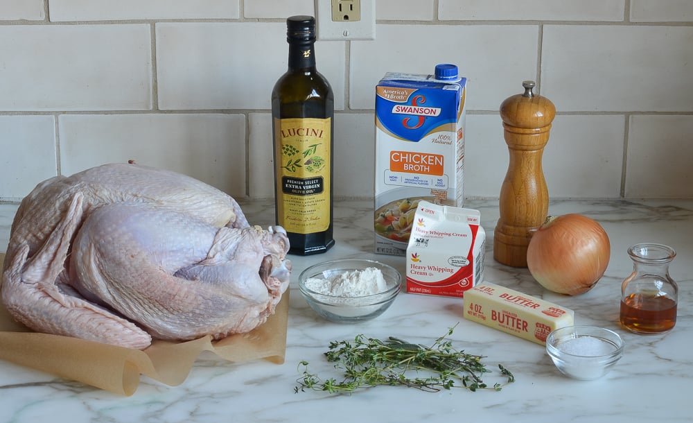 Turkey ingredients including heavy cream, chicken broth, and an onion.