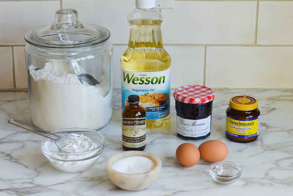 Donut ingredients including eggs, vanilla, and vegetable oil.