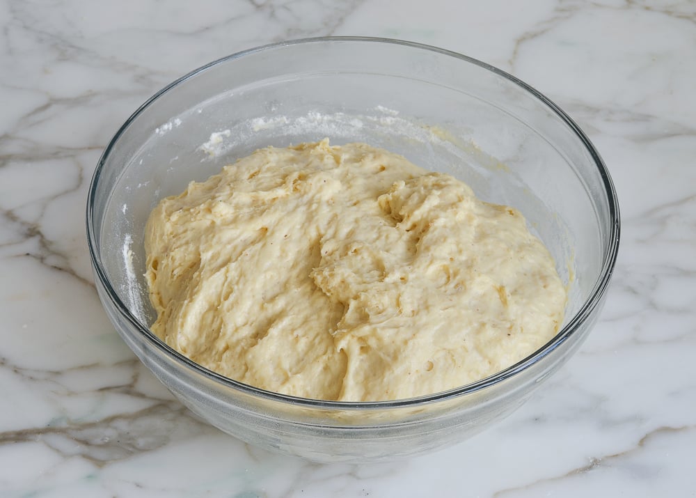 Bowl of risen dough.
