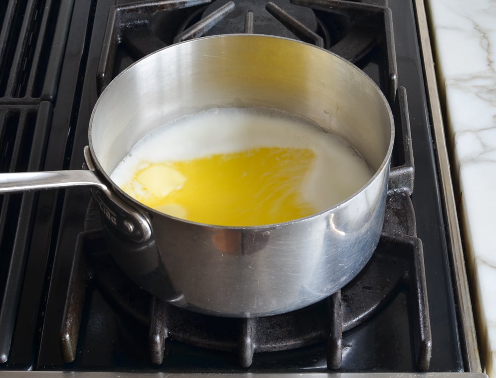 Pan of milk, butter, and salt.