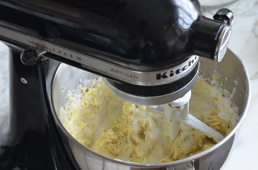 Buttermilk mixture added to a butter mixture.