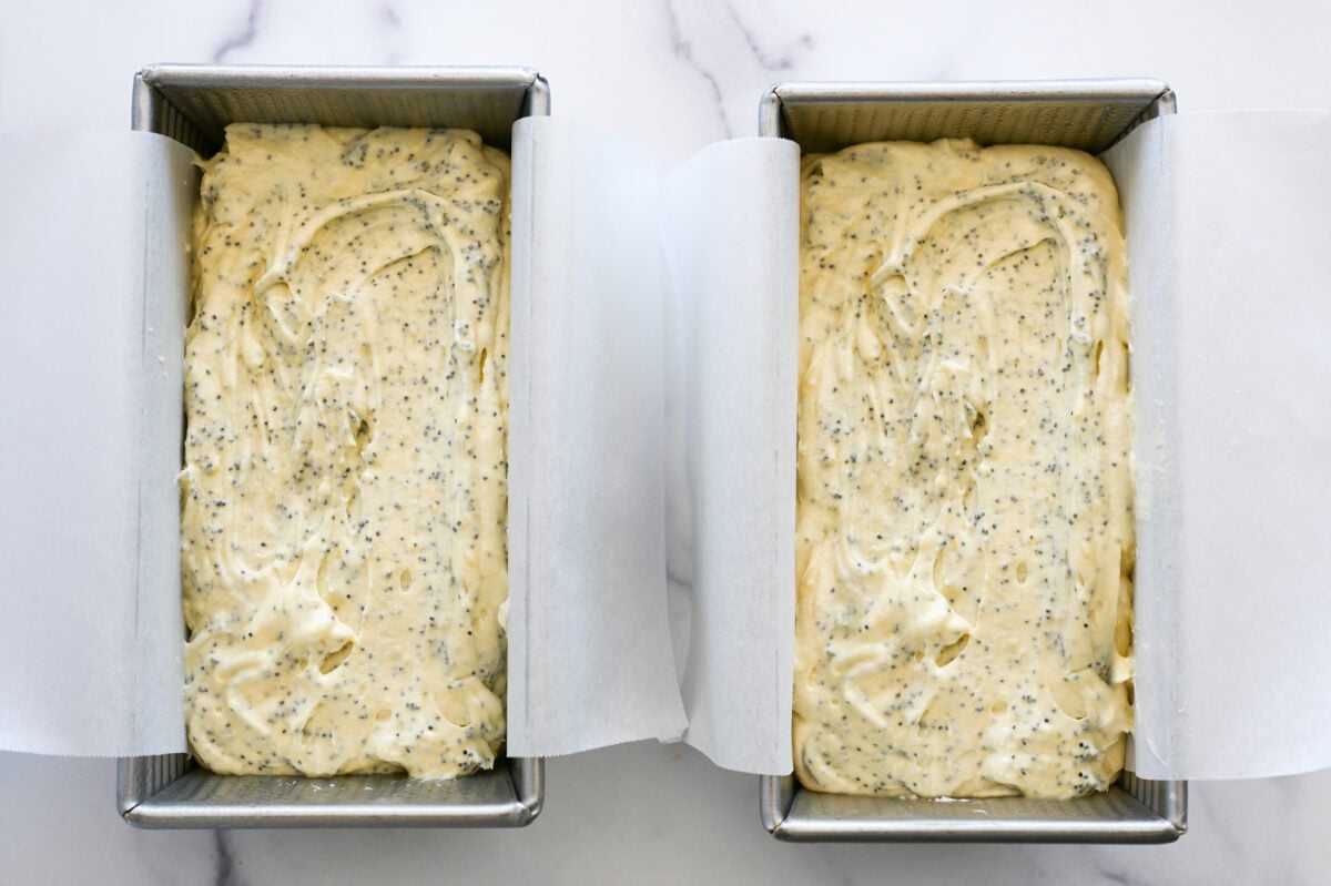 lemon poppy seed batter in loaf pans