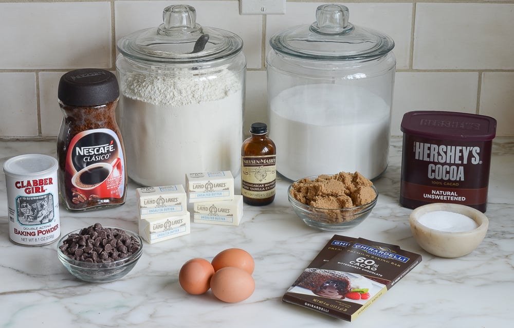 Cake ingredients including eggs, butter, and vanilla.