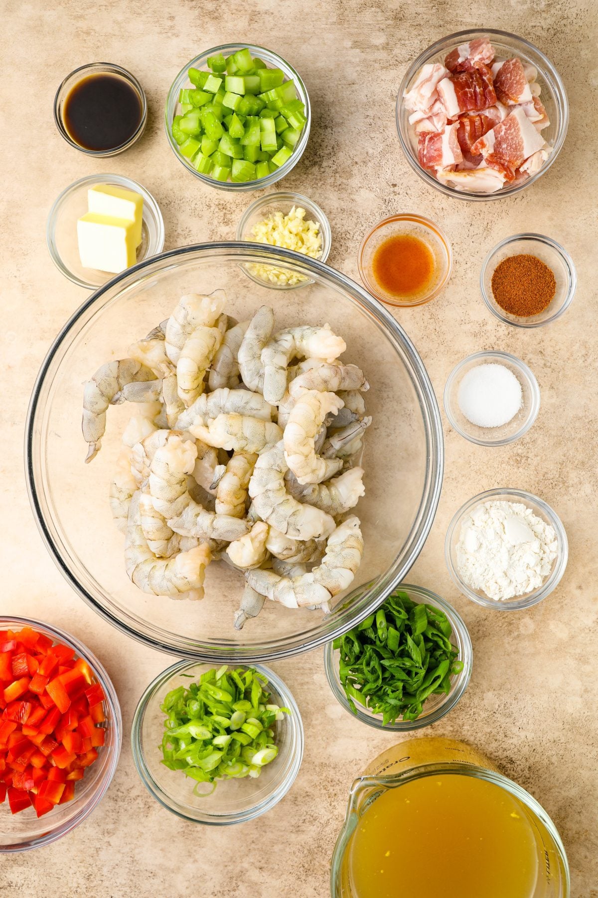 Ingredients including shrimp, butter, and garlic.