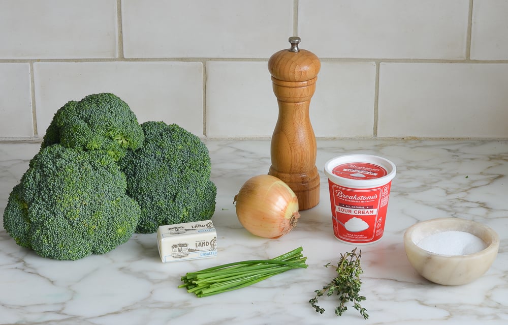 Puree ingredients including broccoli, onion, and sour cream.