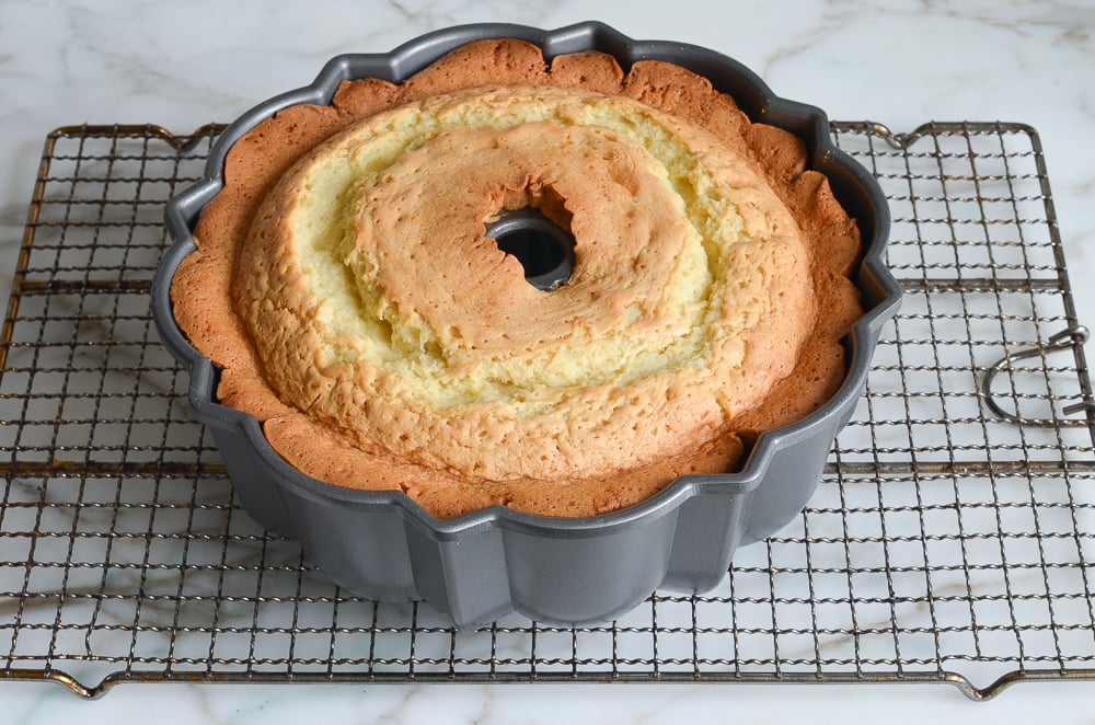 baked Kentucky butter cake cooling on rack