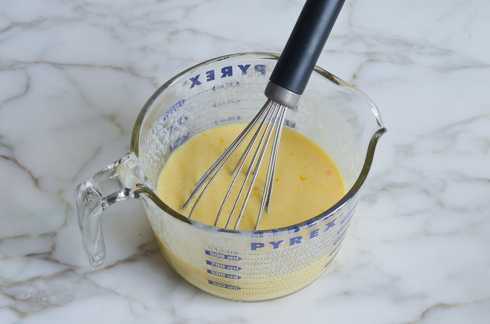 whisked buttermilk, eggs, and vanilla in bowl
