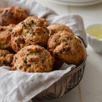 Basket of Irish soda bread muffins.