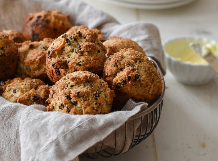 Basket of Irish soda bread muffins.