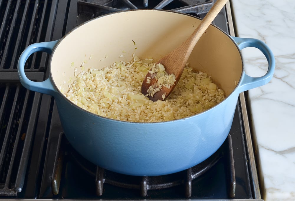rice cooked until glossy and translucent around edges