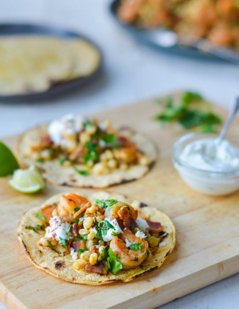 Shrimp Tacos with Corn, Bacon and Lime Crema