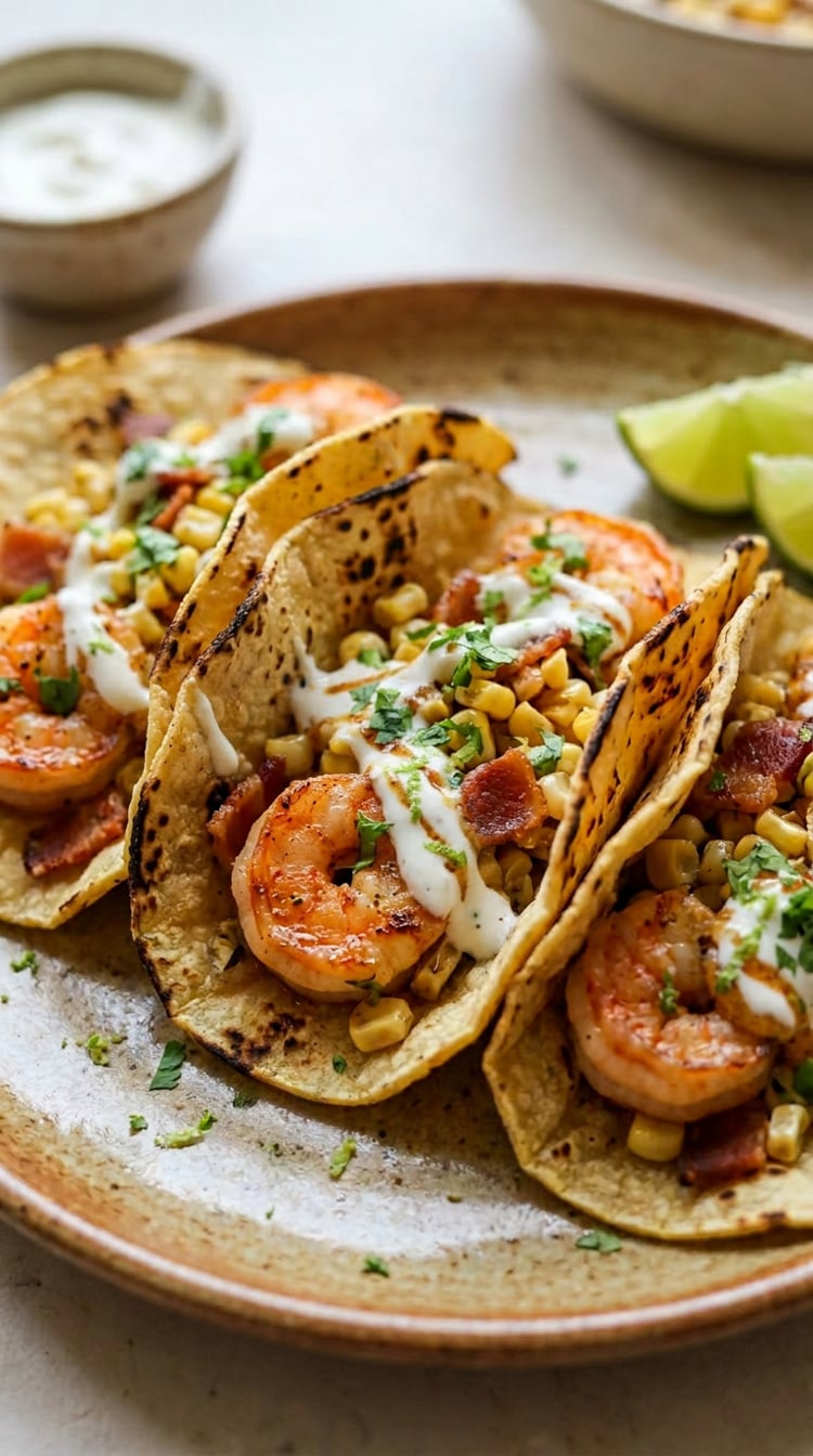 Shrimp tacos with corn, bacon, and lime crema
