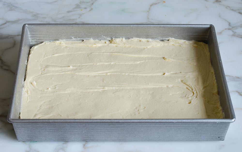 flag cake batter in pan ready to bake