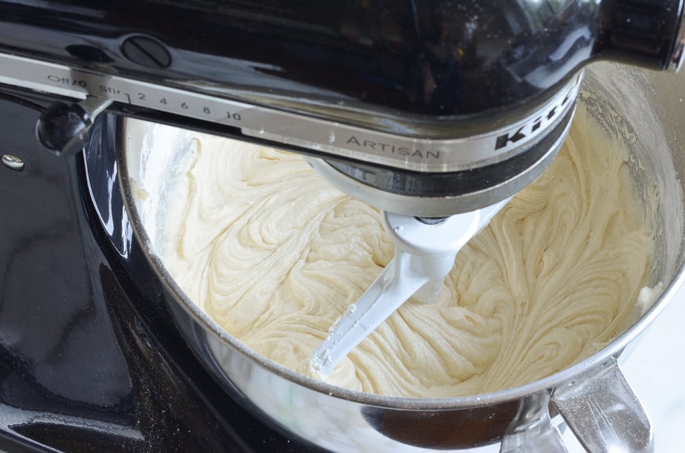 finished flag cake batter in mixing bowl