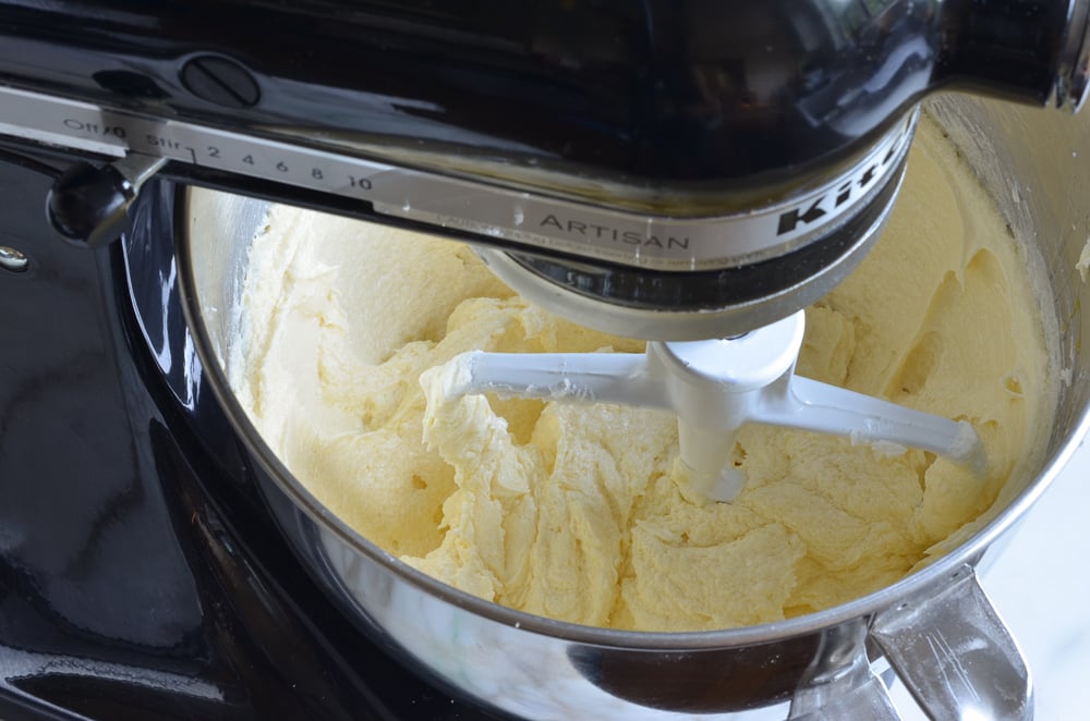 Partially-curdled batter in a stand mixer.