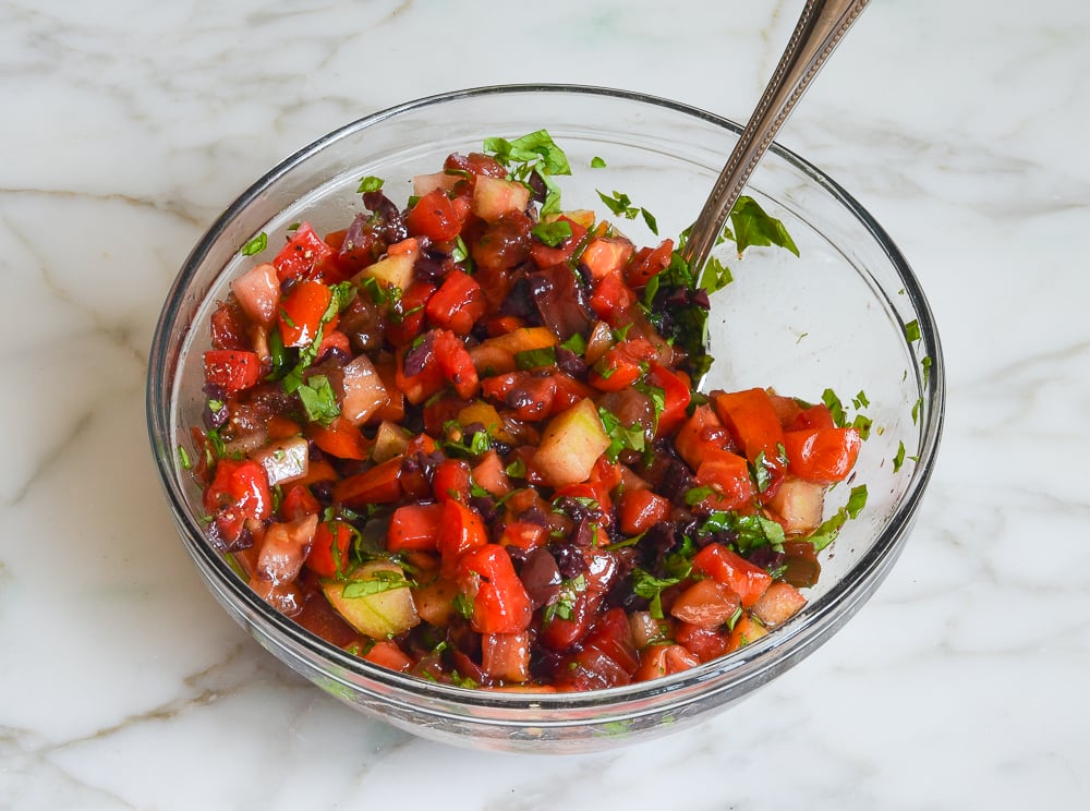mixed bruschetta topping in bowl