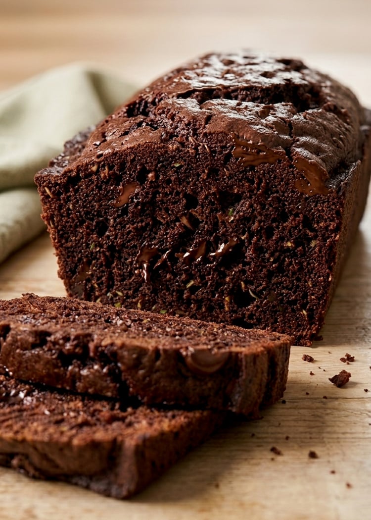 Sliced loaf of chocolate zucchini bread on cutting board.