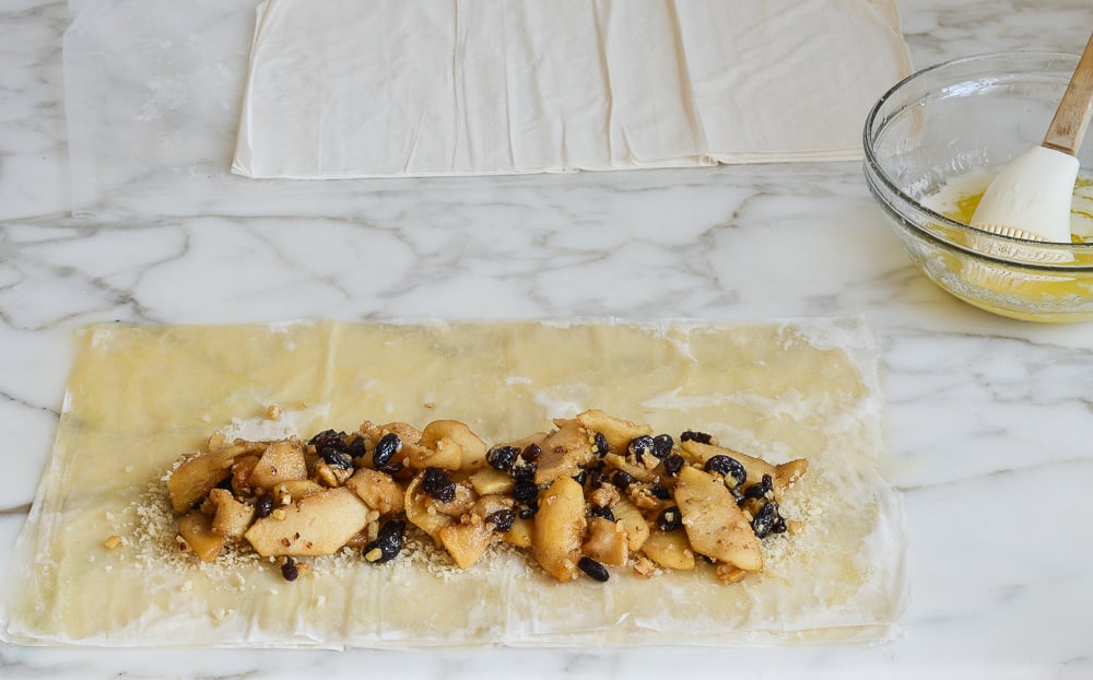 apple strudel filling on phyllo sheets