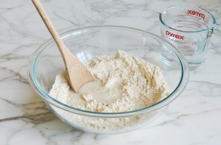 water added into dry ingredients.