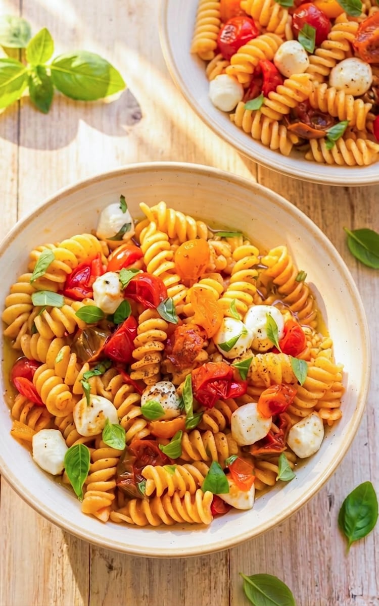 bowls of fusilli caprese on table