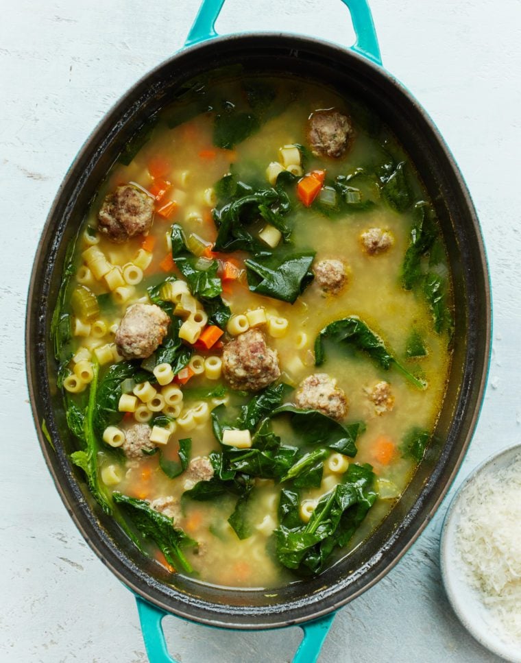 Large pot of Italian wedding soup.
