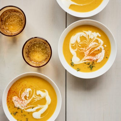 Bowls of pumpkin soup.