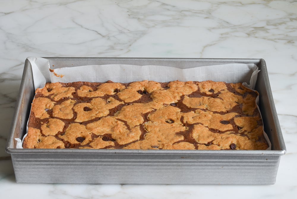 Baking pan of baked brookies.