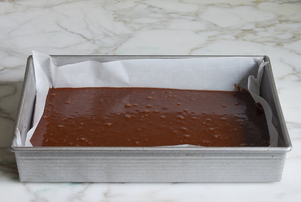 brownie batter in prepared pan