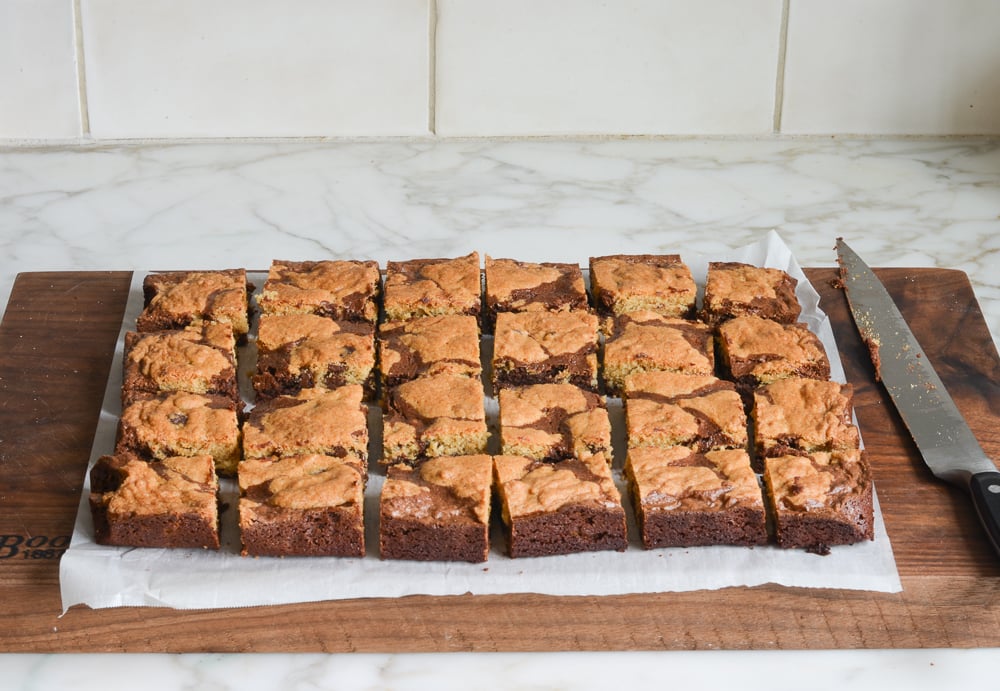 Cut brookies on parchment paper.