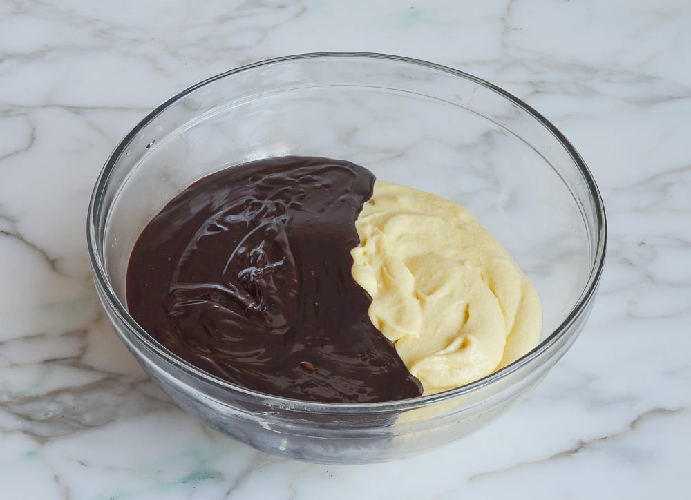 Vanilla and chocolate batters in a bowl.