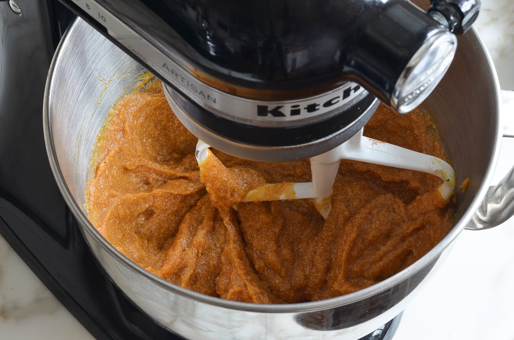 Sweet potato mixture in a stand mixer.