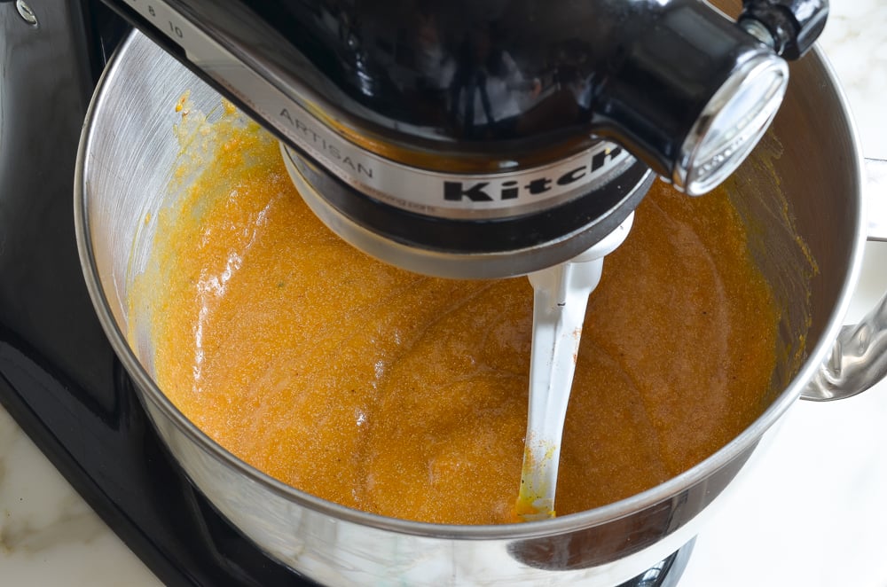 finished sweet potato pie filling in mixing bowl