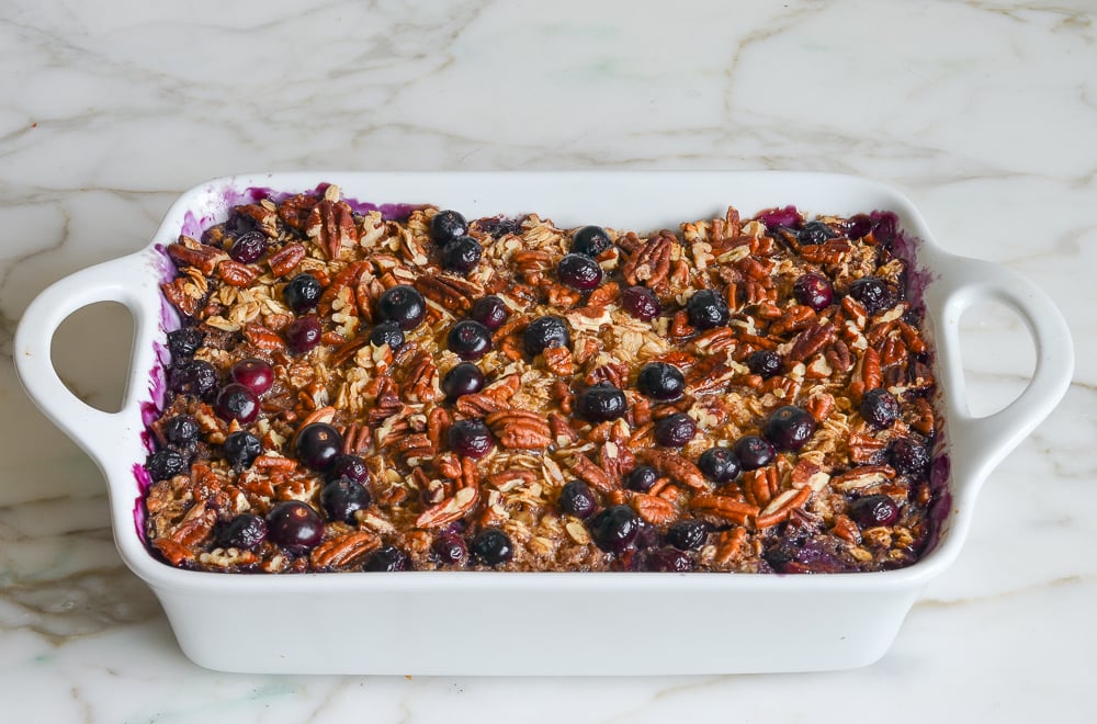blueberry baked oatmeal out of the oven